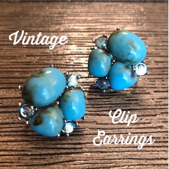 Faux Turquoise Clip Earrings Rhinestone Accents - Picture 1 of 8